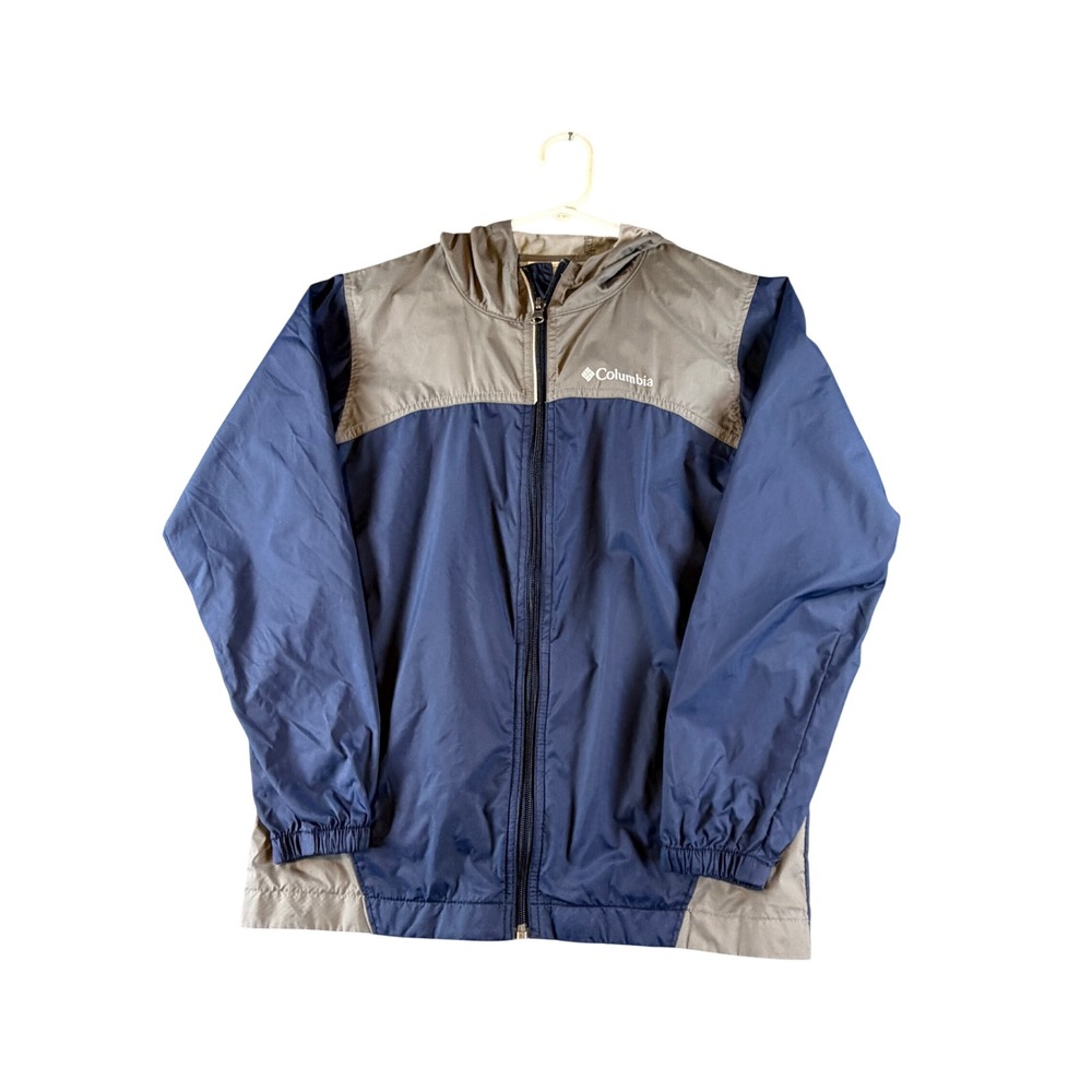 Columbia Boys Medium 10/12 Windbreaker Jacket Navy Blue Grey Hooded Full Zip